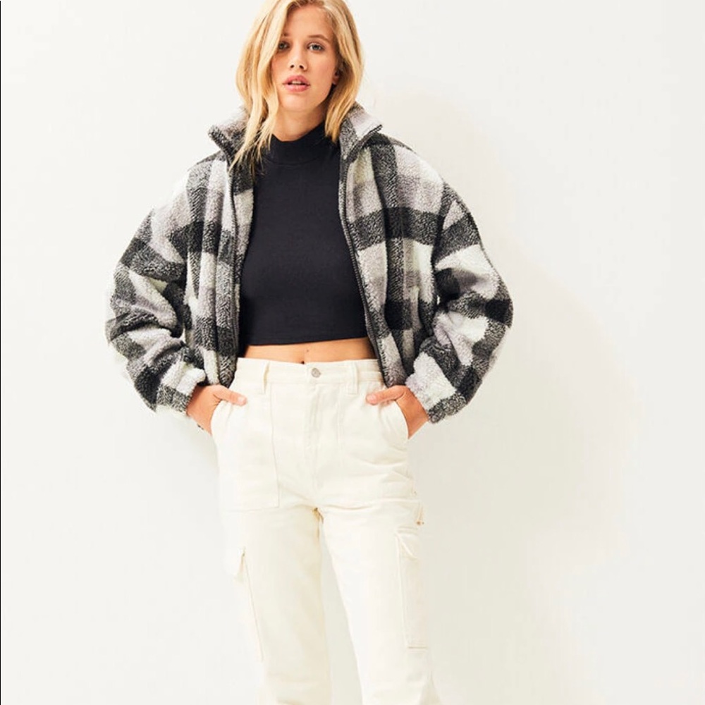 LA Hearts gray plaid sherpa jacket